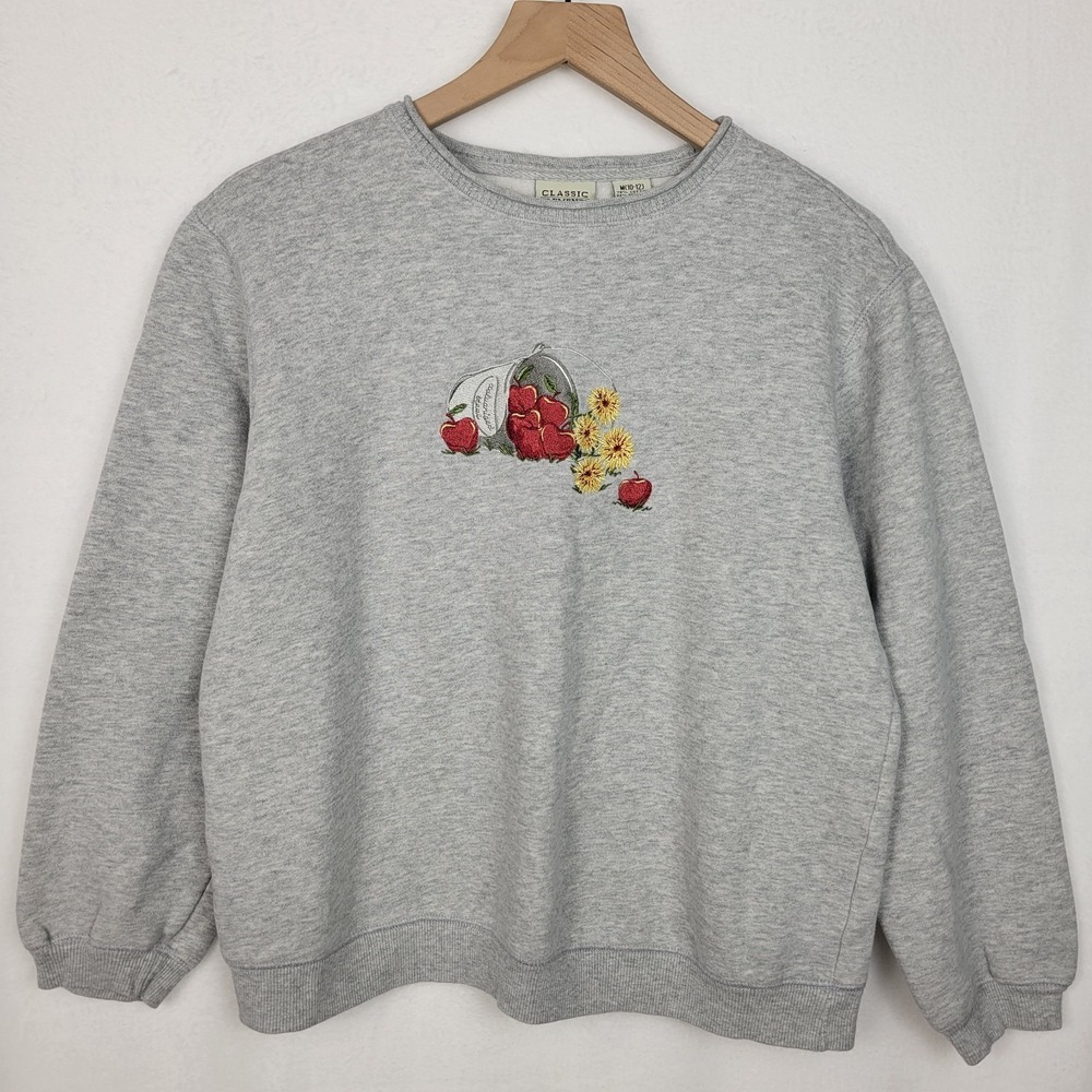 VTG 90s Classic Elements Embroidered Sweatshirt M Gray Fruit Floral Grandmacore